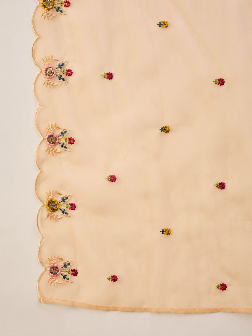 Beige Silk Blend Embroideried A-Line Kurta Trouser With Dupatta
