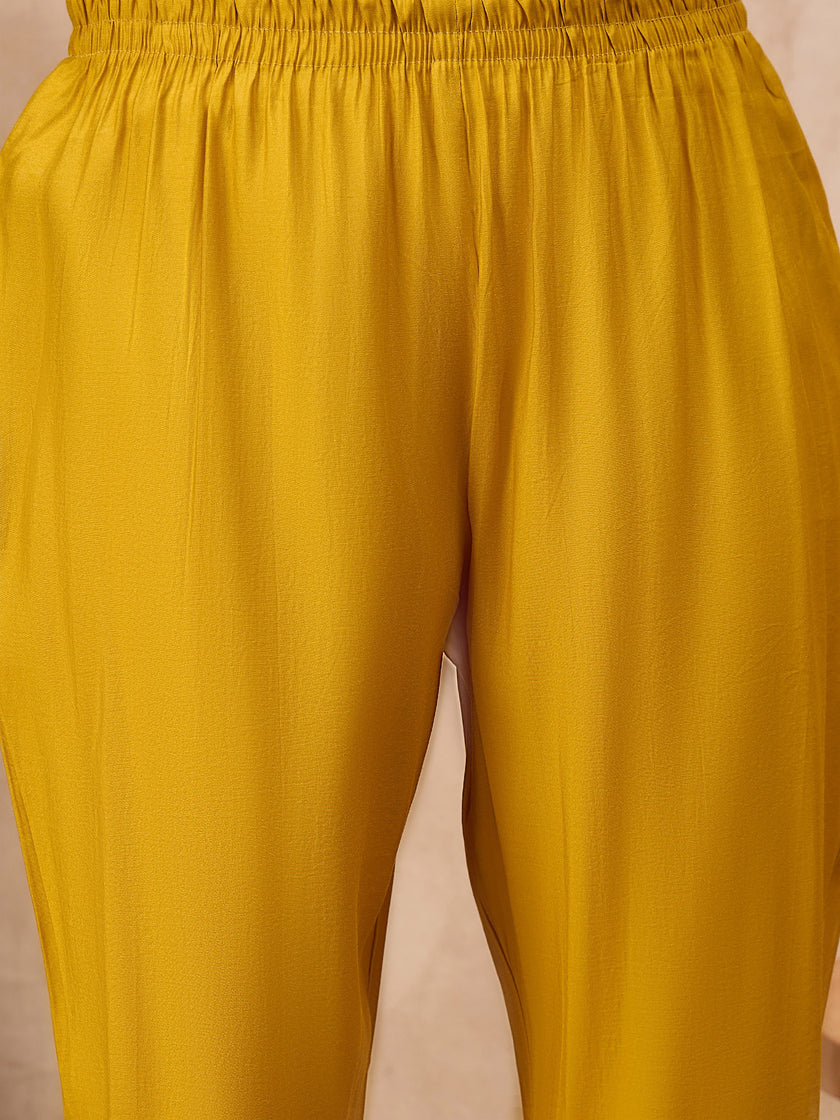 Gold Pure Cotton Beads & Stone Embroidered With Buttons A-Line Kurta Trouser With Printed Dupatta