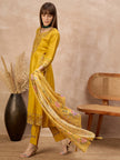 Gold Pure Cotton Beads & Stone Embroidered With Buttons A-Line Kurta Trouser With Printed Dupatta
