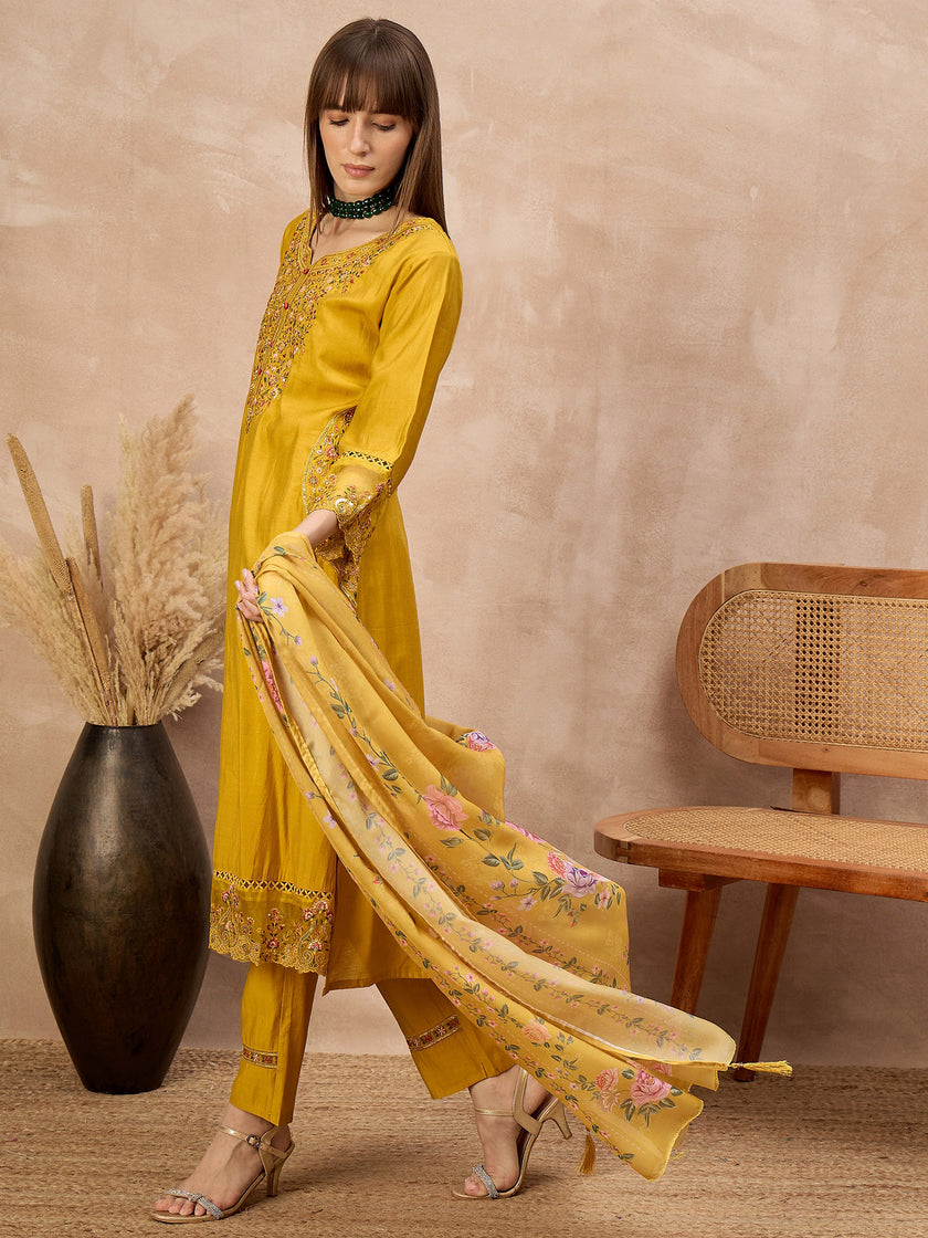 Gold Pure Cotton Beads & Stone Embroidered With Buttons A-Line Kurta Trouser With Printed Dupatta