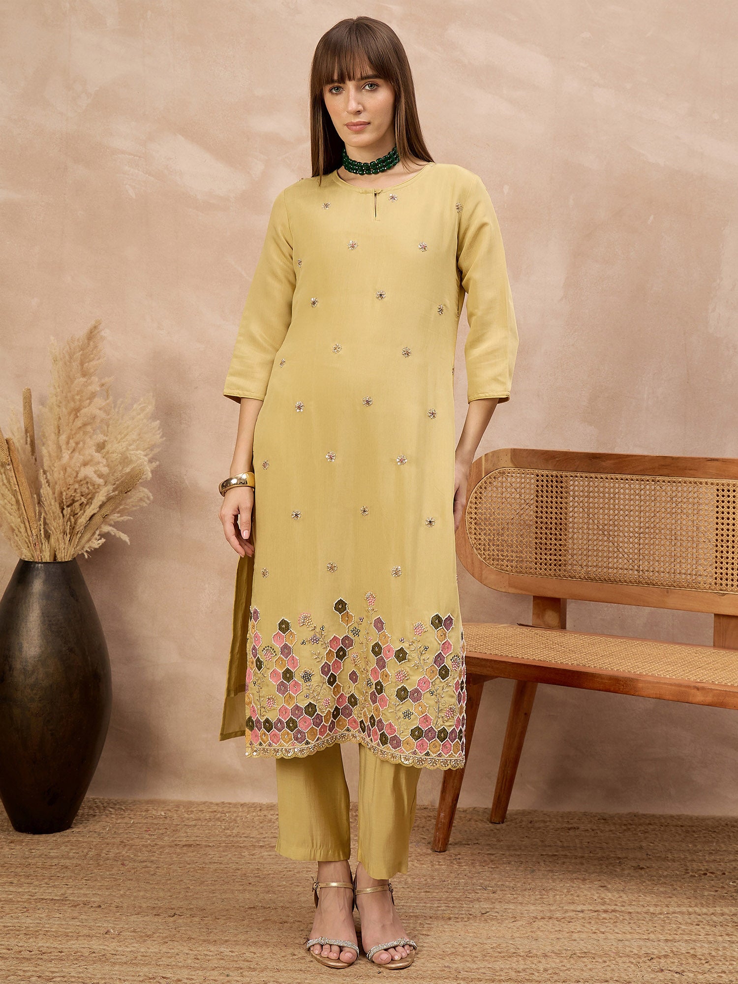 Yellow Silk Blend Embroideried A-Line Kurta Trouser With Dupatta