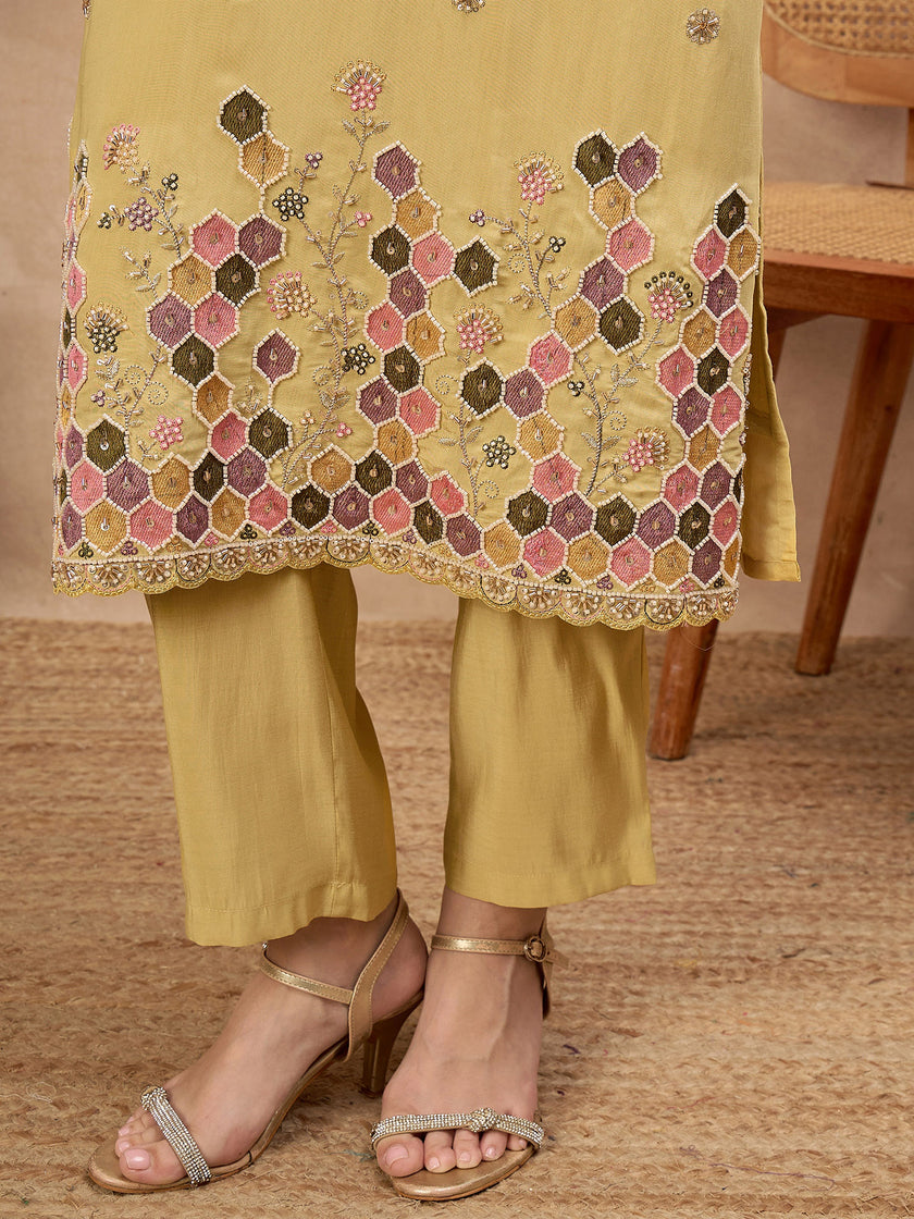 Yellow Silk Blend Embroideried A-Line Kurta Trouser With Dupatta