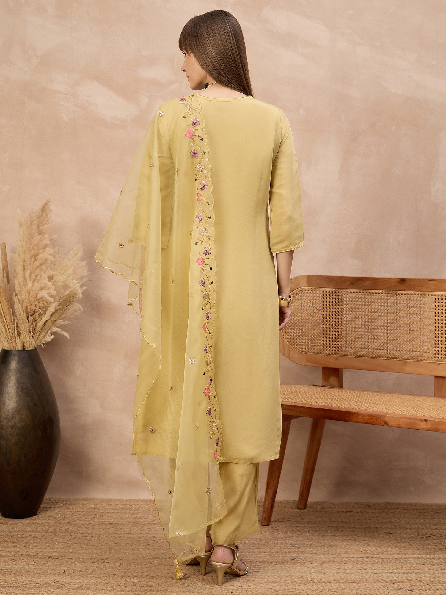 Yellow Silk Blend Embroideried A-Line Kurta Trouser With Dupatta