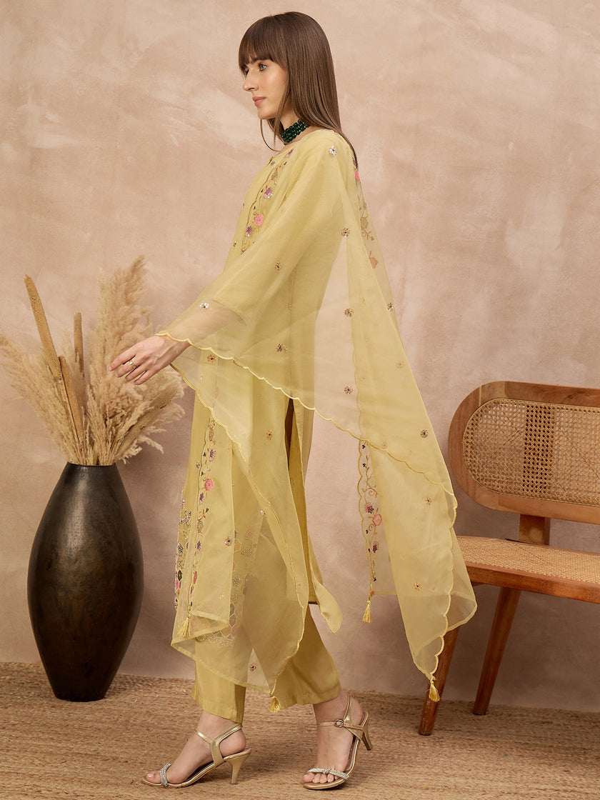 Yellow Silk Blend Embroideried A-Line Kurta Trouser With Dupatta