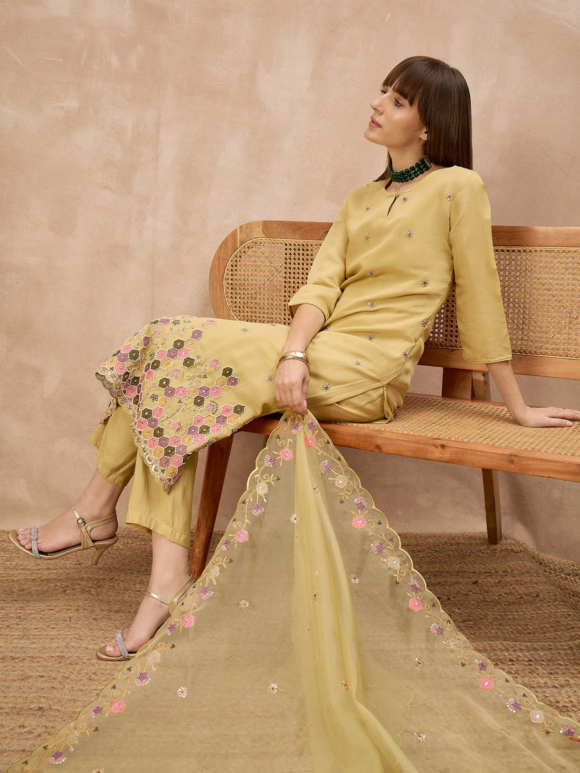 Yellow Silk Blend Embroideried A-Line Kurta Trouser With Dupatta