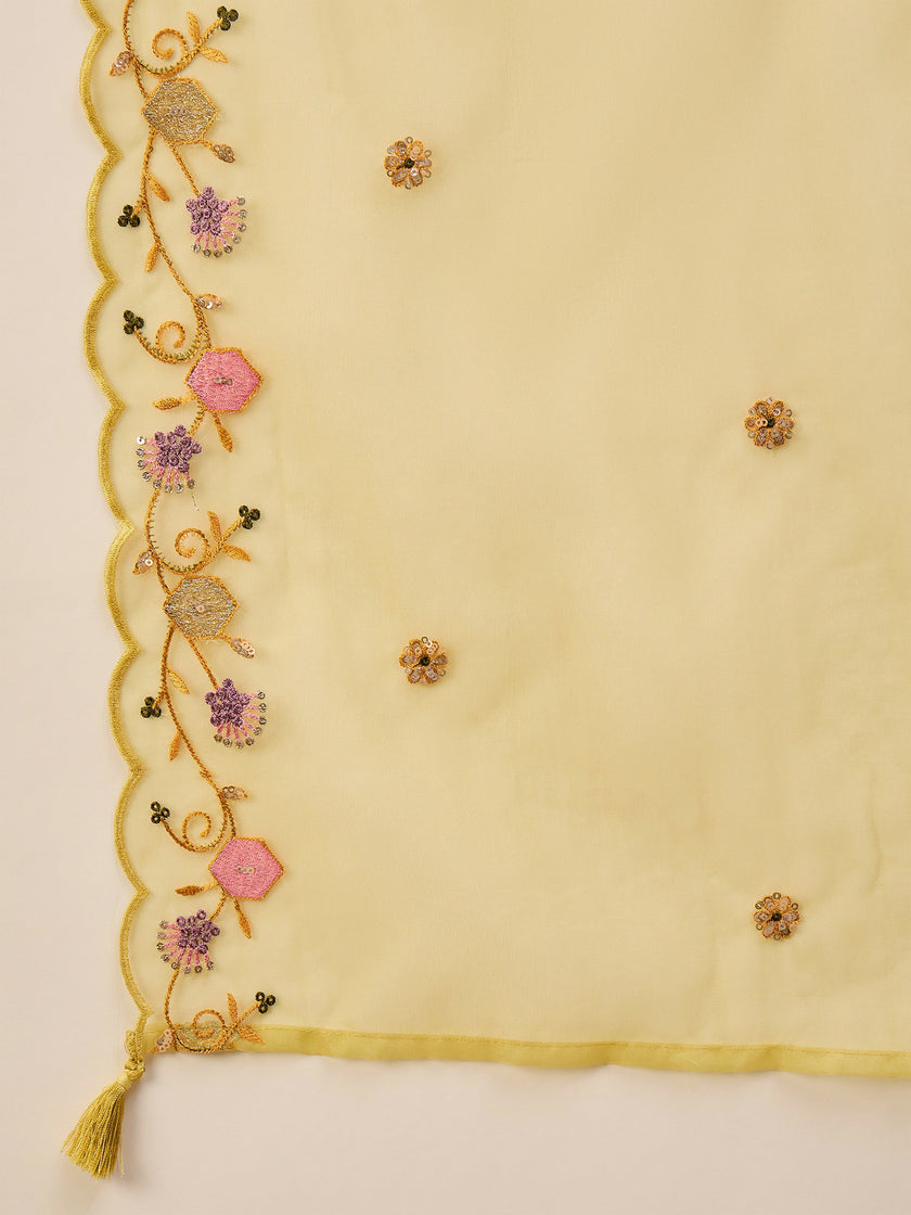 Yellow Silk Blend Embroideried A-Line Kurta Trouser With Dupatta