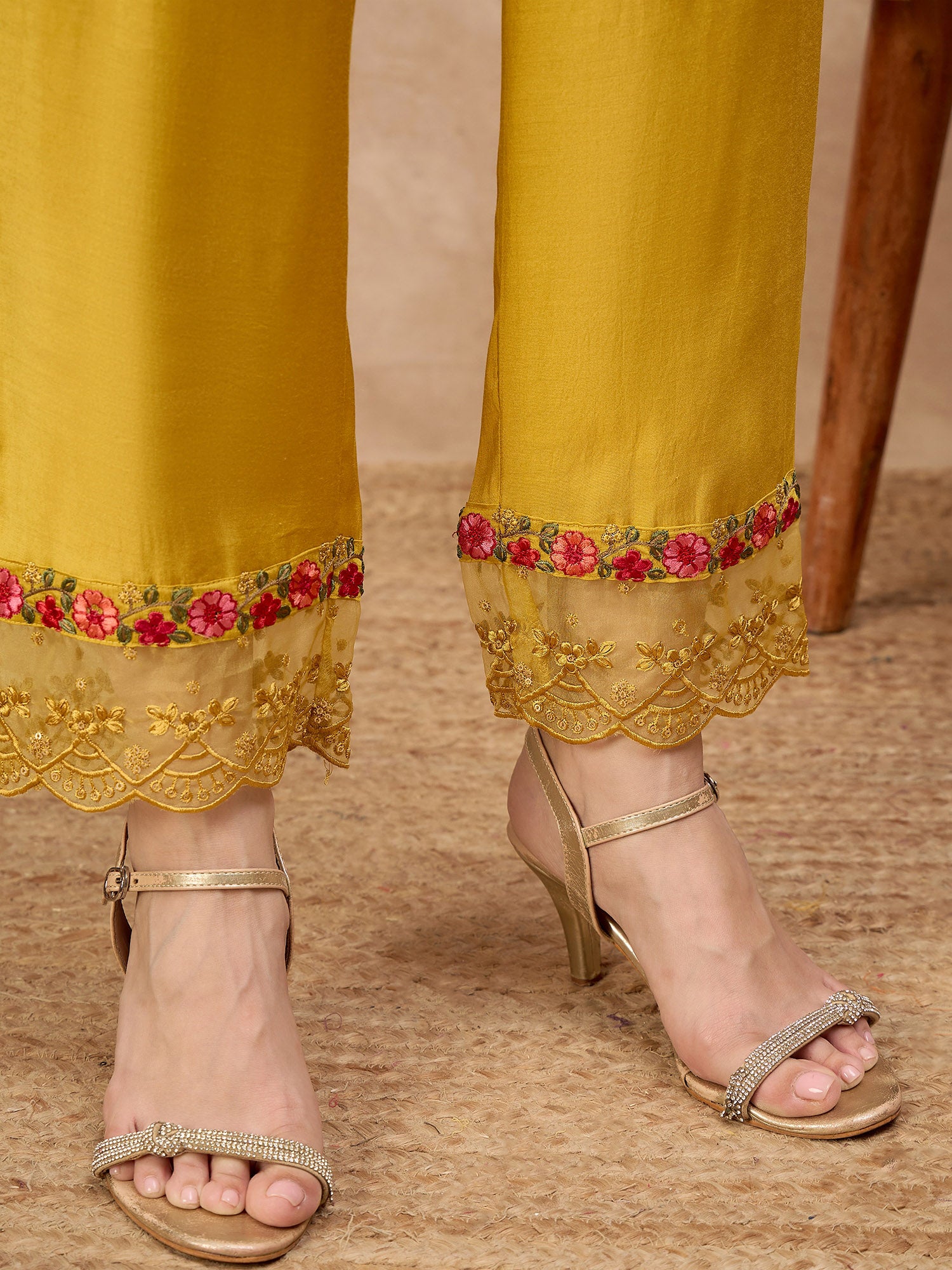 Yellow Silk Blend Embroideried A-Line Kurta Trouser With Dupatta