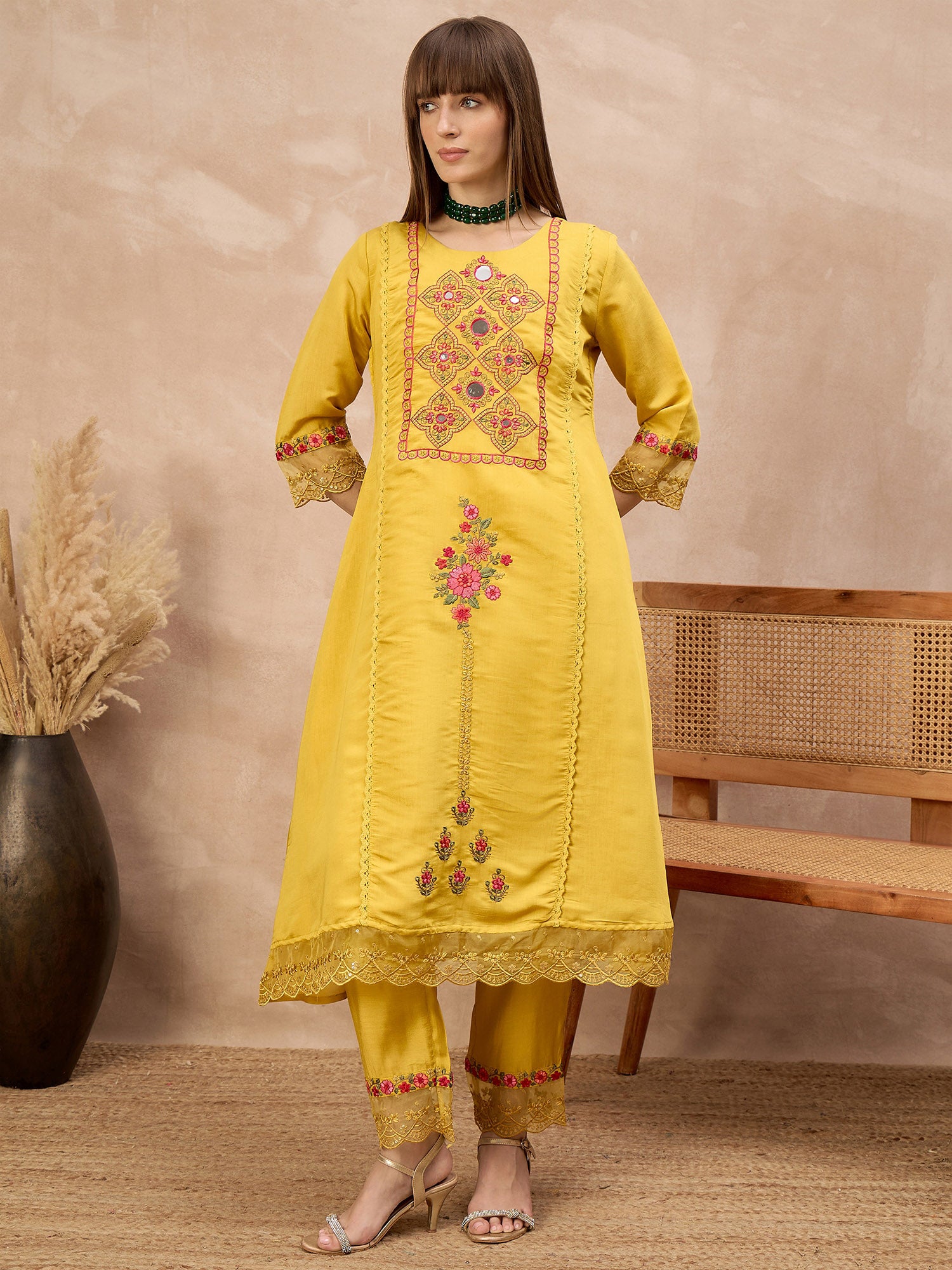 Yellow Silk Blend Embroideried A-Line Kurta Trouser With Dupatta