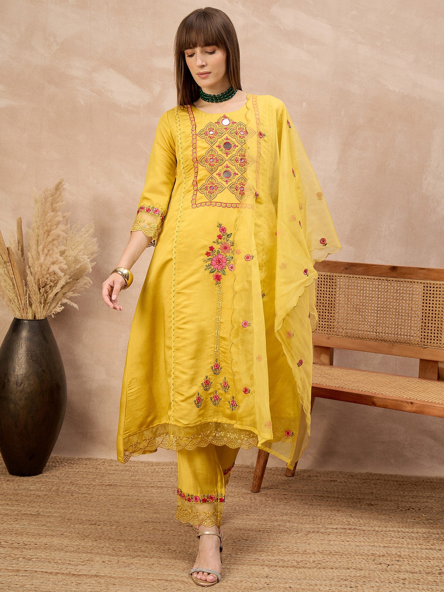 Yellow Silk Blend Embroideried A-Line Kurta Trouser With Dupatta