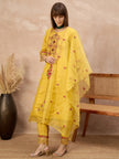 Yellow Silk Blend Embroideried A-Line Kurta Trouser With Dupatta
