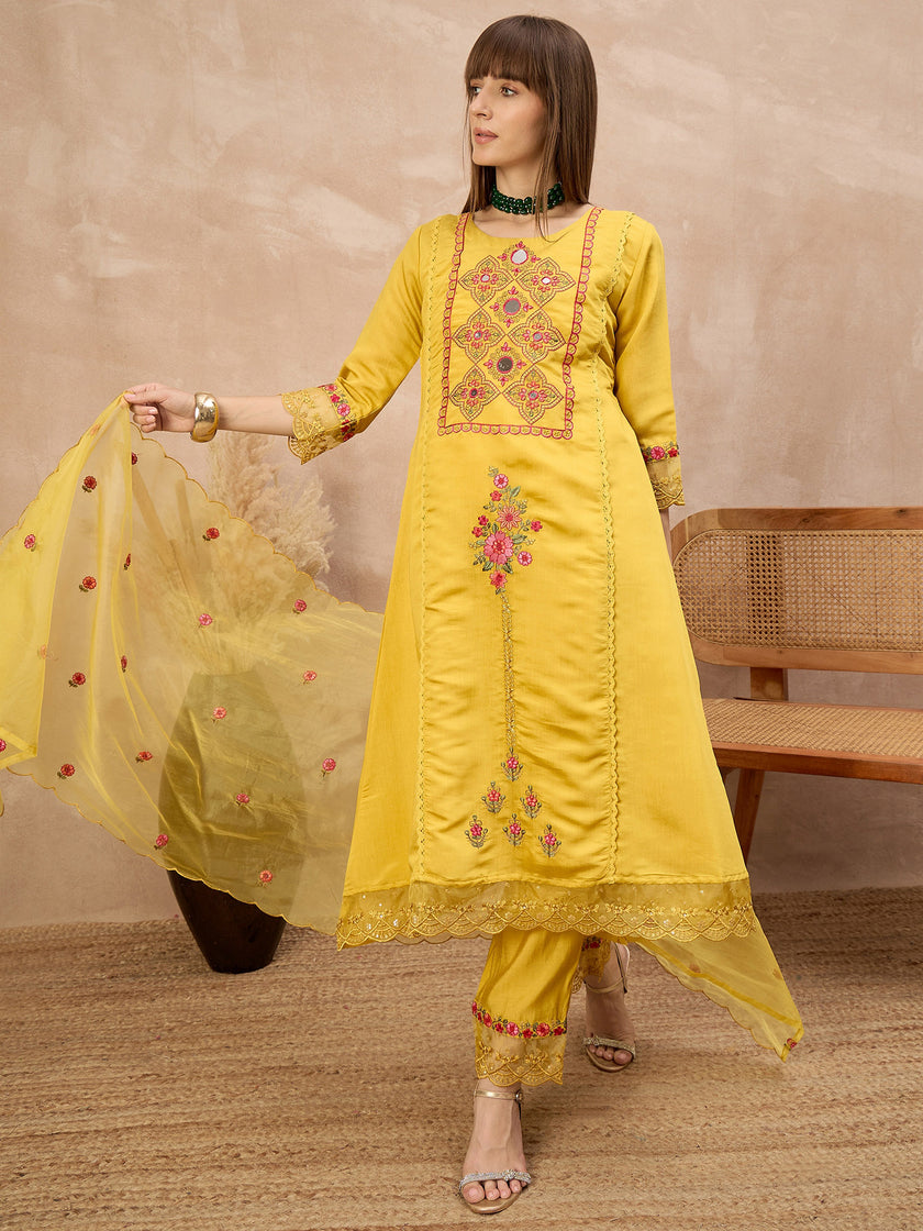 Yellow Silk Blend Embroideried A-Line Kurta Trouser With Dupatta