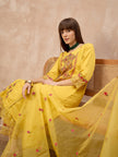 Yellow Silk Blend Embroideried A-Line Kurta Trouser With Dupatta