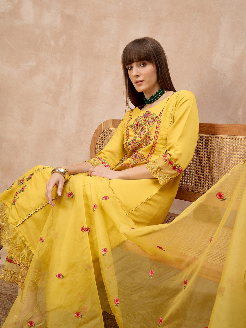 Yellow Silk Blend Embroideried A-Line Kurta Trouser With Dupatta