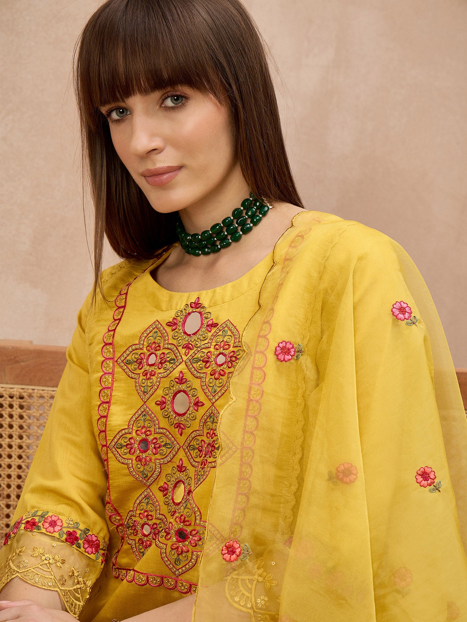 Yellow Silk Blend Embroideried A-Line Kurta Trouser With Dupatta