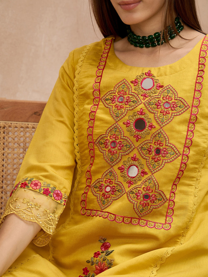 Yellow Silk Blend Embroideried A-Line Kurta Trouser With Dupatta