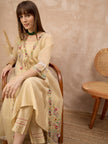 Beige Pure Cotton Solid A-Line Kurta Trouser With Floral & Mirror Embroidered Shrug