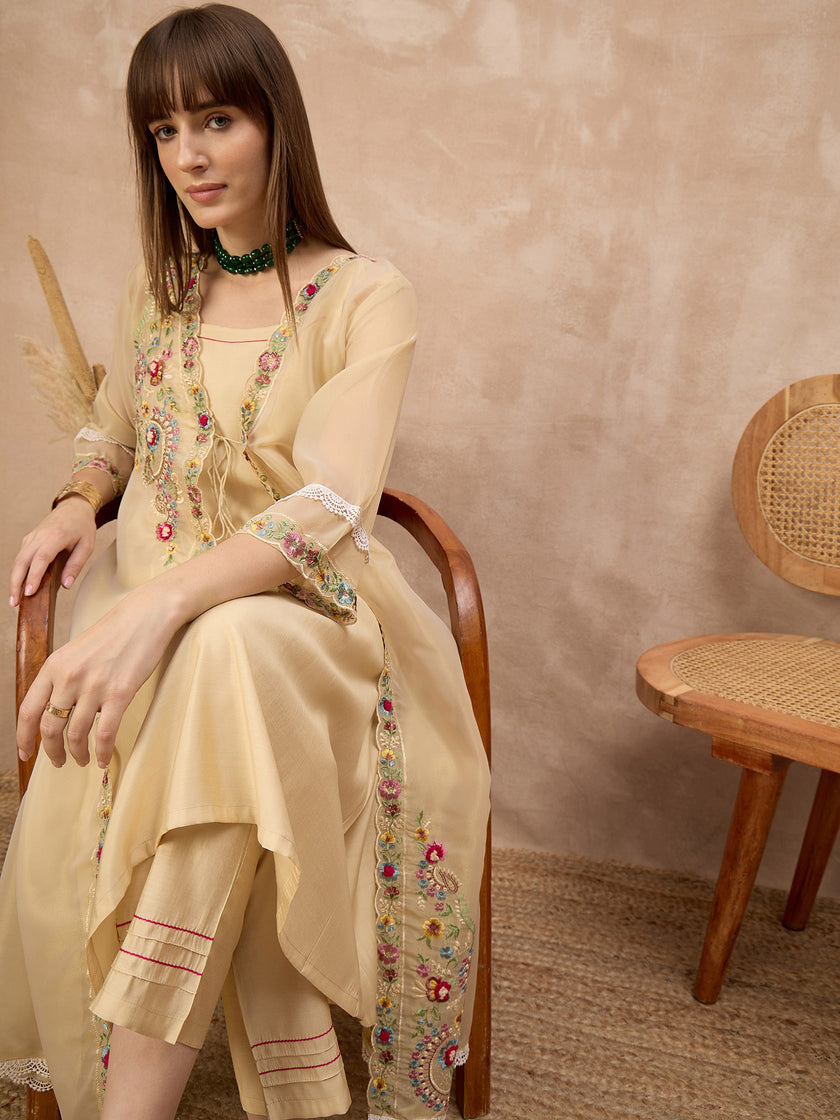 Beige Pure Cotton Solid A-Line Kurta Trouser With Floral & Mirror Embroidered Shrug