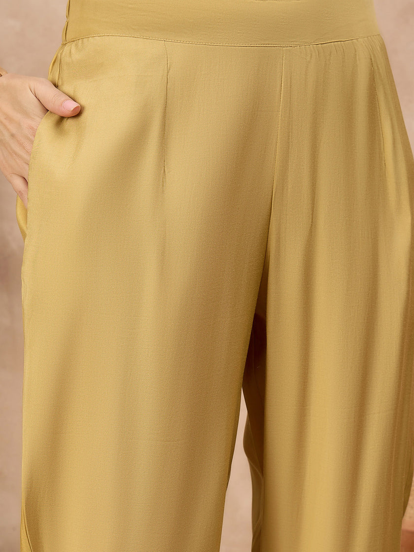 Mustard Silk Blend Embroideried A-Line Kurta Trouser With Dupatta