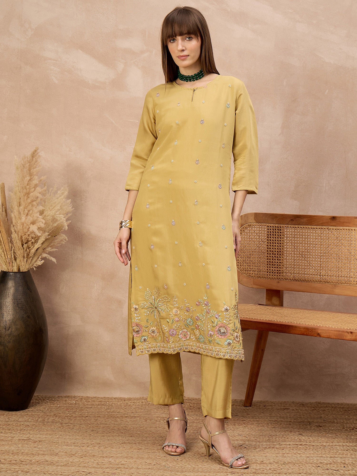 Mustard Silk Blend Embroideried A-Line Kurta Trouser With Dupatta