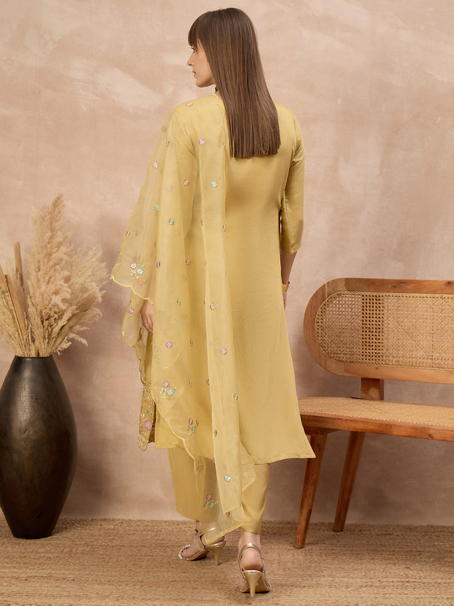 Mustard Silk Blend Embroideried A-Line Kurta Trouser With Dupatta