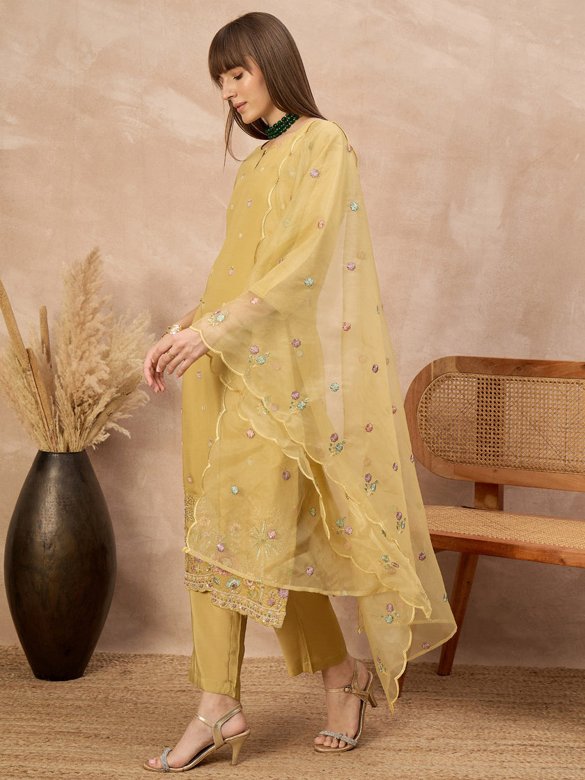 Mustard Silk Blend Embroideried A-Line Kurta Trouser With Dupatta