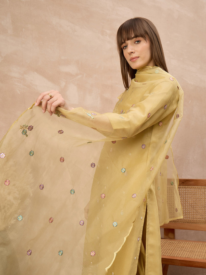 Mustard Silk Blend Embroideried A-Line Kurta Trouser With Dupatta
