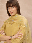 Mustard Silk Blend Embroideried A-Line Kurta Trouser With Dupatta