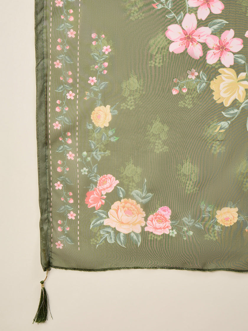 Green Pure Cotton Beads & Stone Embroidered With Buttons A-Line Kurta Trouser With Printed Dupatta