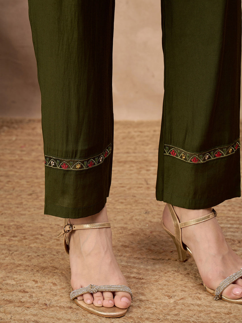 Green Pure Cotton Beads & Stone Embroidered With Buttons A-Line Kurta Trouser With Printed Dupatta
