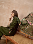 Green Pure Cotton Beads & Stone Embroidered With Buttons A-Line Kurta Trouser With Printed Dupatta