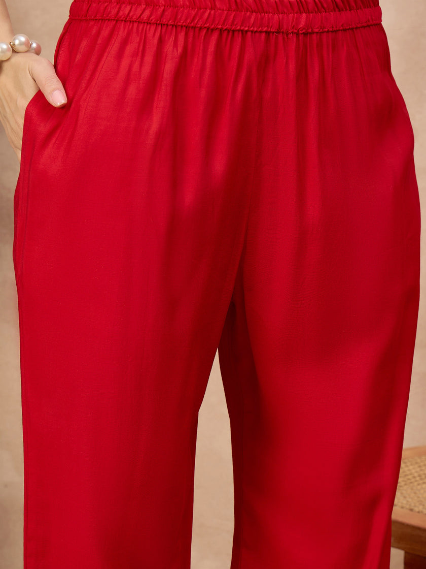 Red Pure Cotton Beads & Stone Embroidered A-Line Kurta Trouser With Printed Dupatta