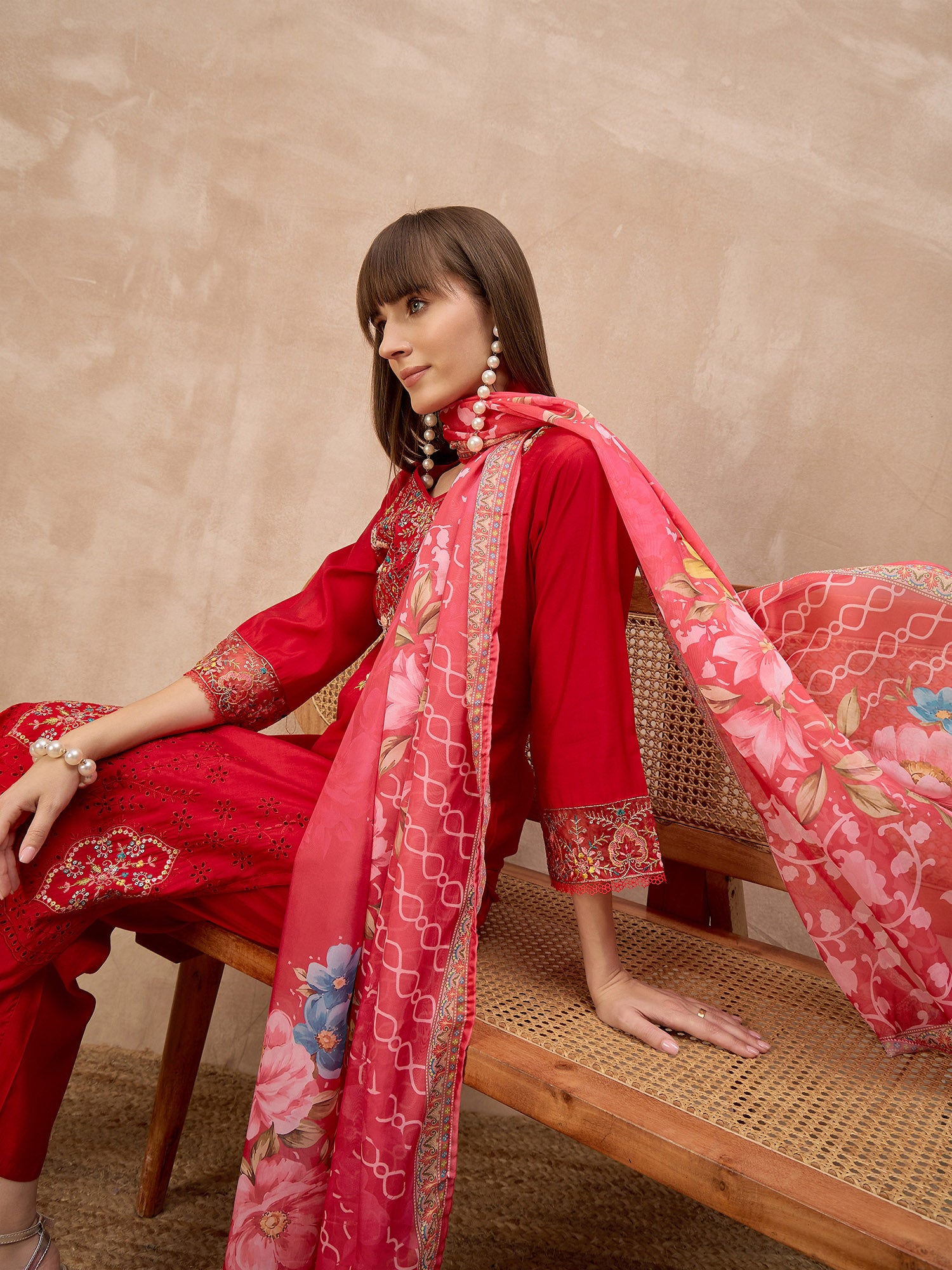Red Pure Cotton Beads & Stone Embroidered A-Line Kurta Trouser With Printed Dupatta