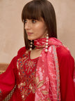 Red Pure Cotton Beads & Stone Embroidered A-Line Kurta Trouser With Printed Dupatta