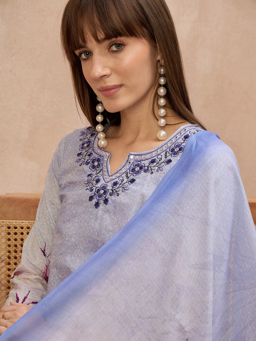 Multi Pure Cotton Digital Printed A-Line Kurta Trouser With Printed Dupatta