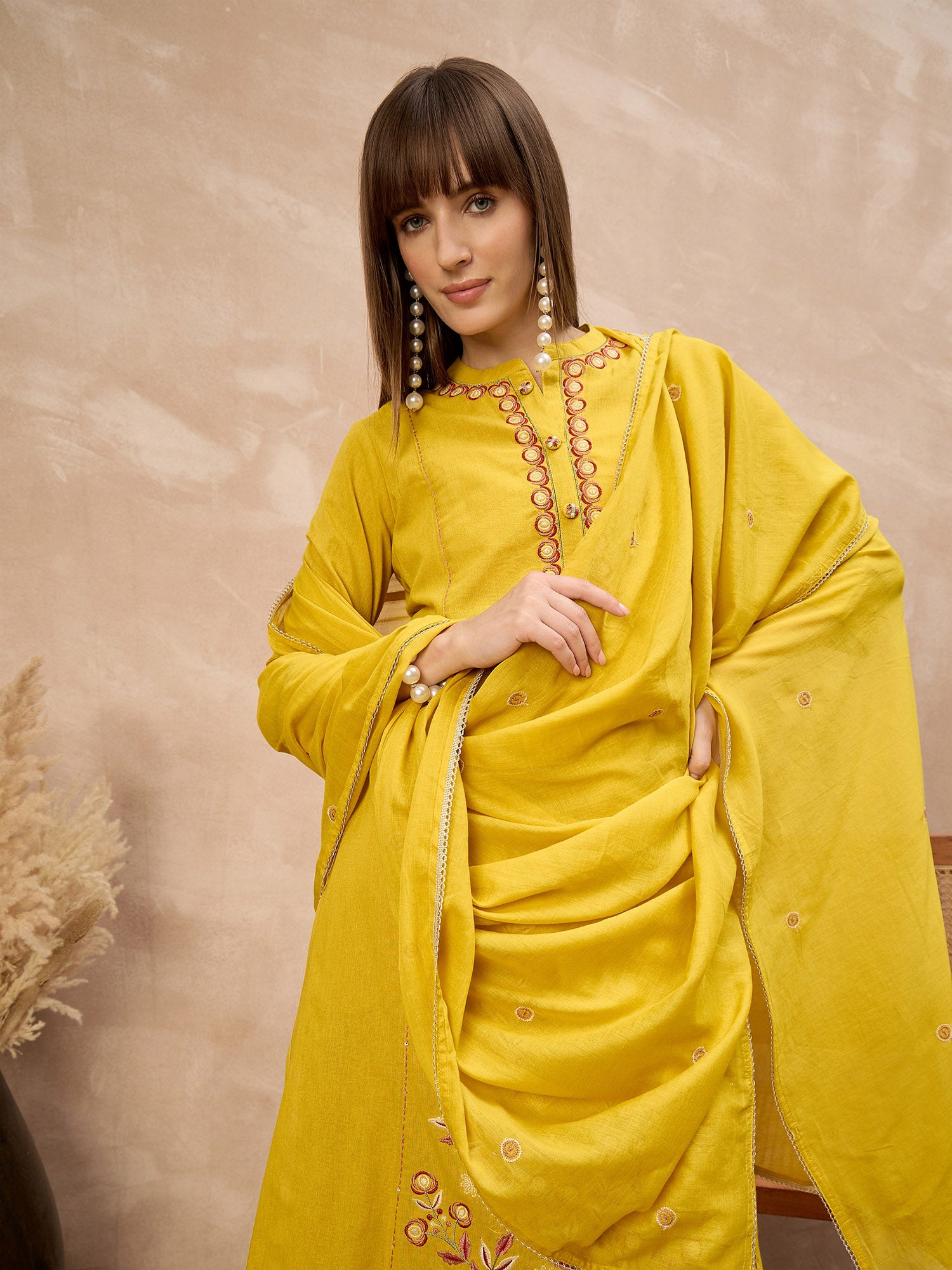 Yellow Pure Cotton Floral Embroidered With Buttons A-Line Kurta Trouser With Dupatta