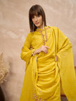 Yellow Pure Cotton Floral Embroidered With Buttons A-Line Kurta Trouser With Dupatta