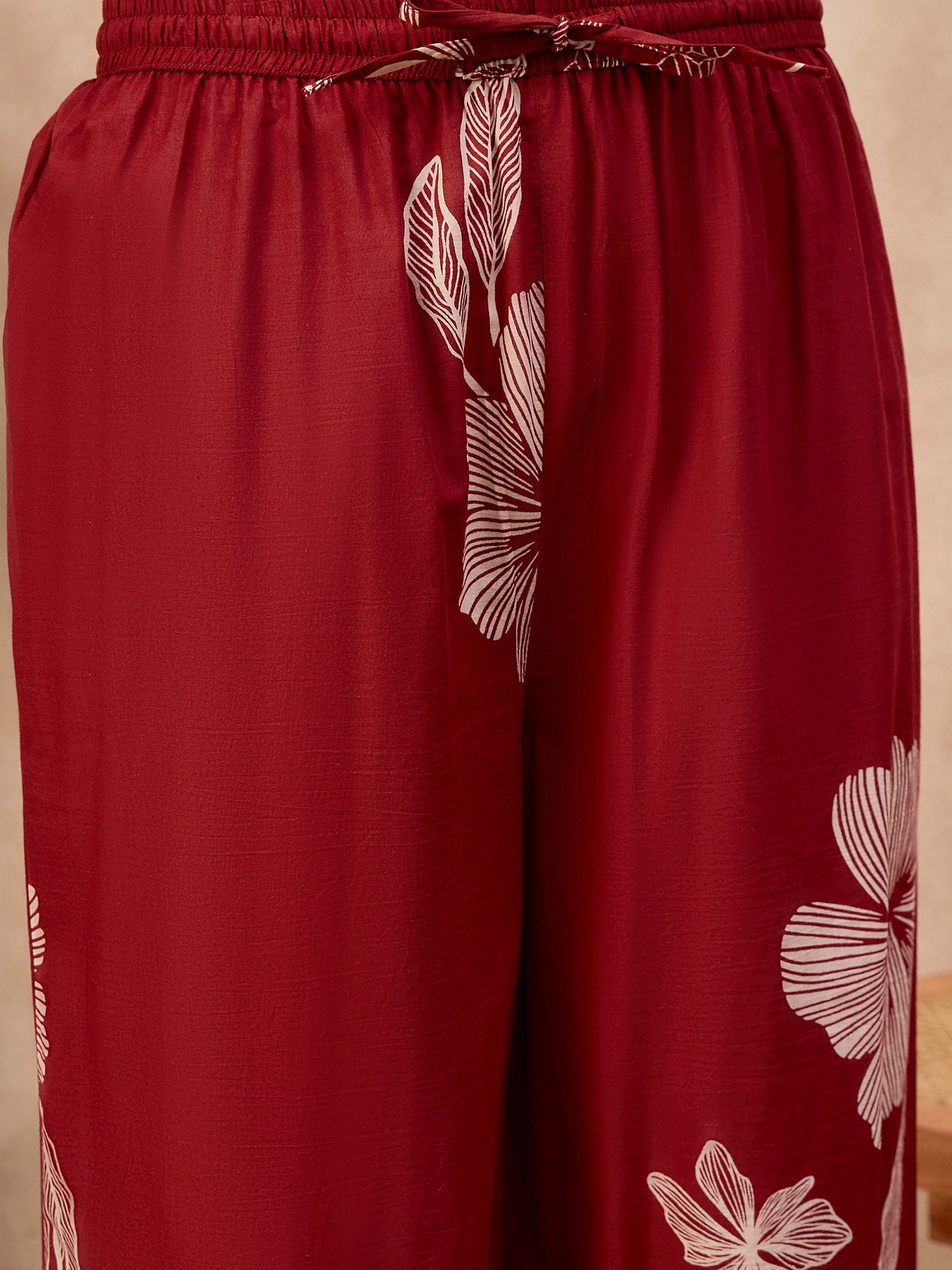 Maroon Pure Cotton Floral Printed A-Line Sleeveless Kurta Trouser With Printed Dupatta