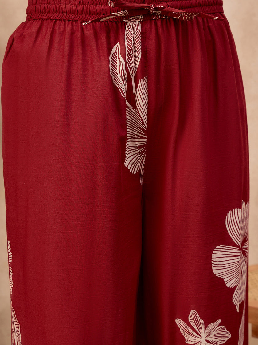 Maroon Pure Cotton Floral Printed A-Line Sleeveless Kurta Trouser With Printed Dupatta