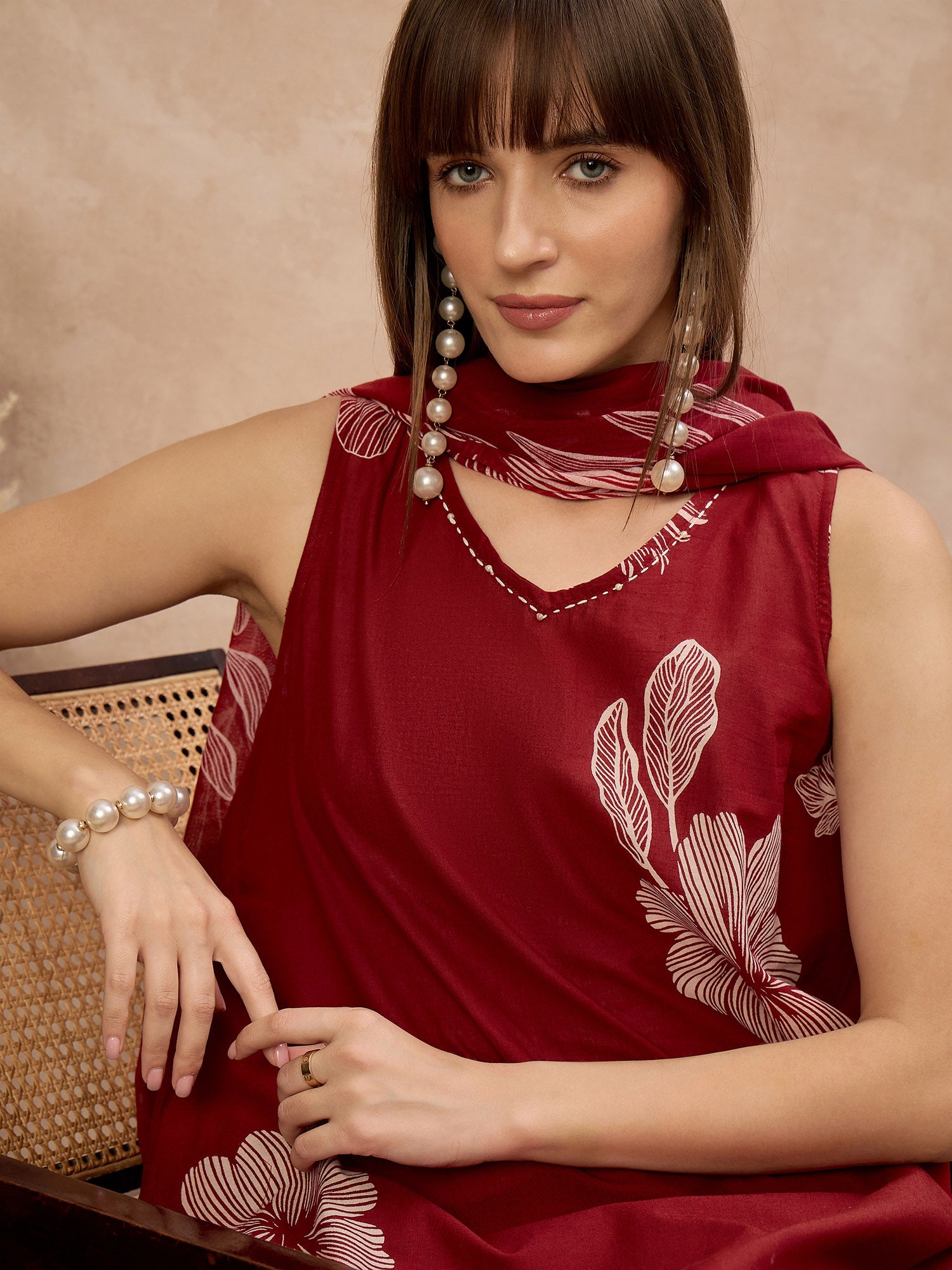 Maroon Pure Cotton Floral Printed A-Line Sleeveless Kurta Trouser With Printed Dupatta