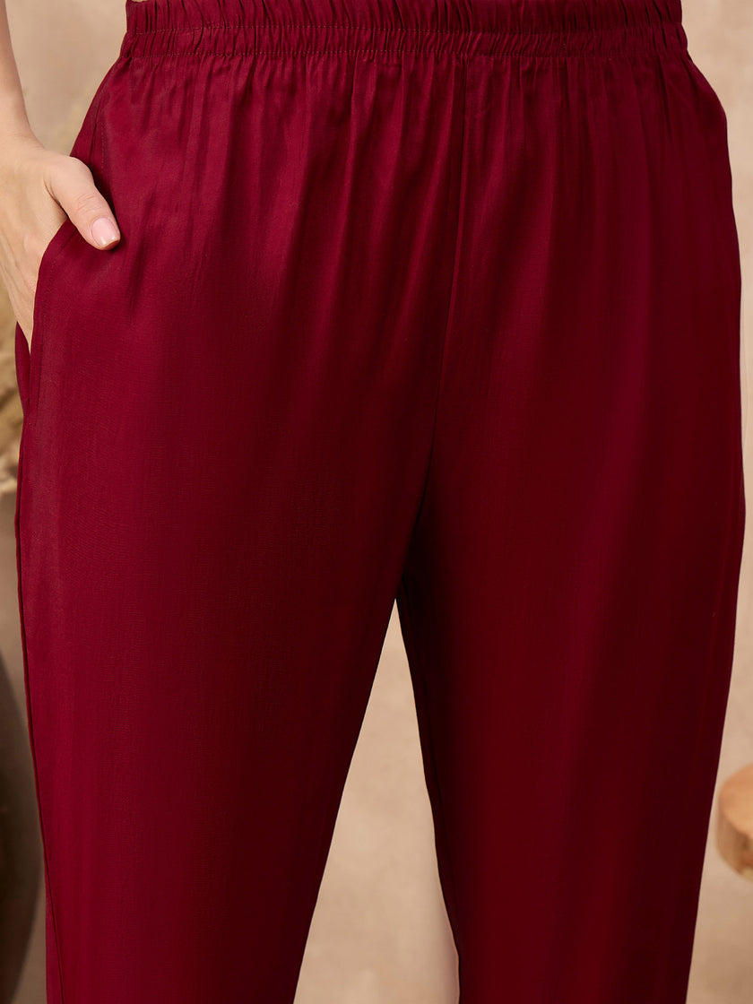 Maroon Pure Cotton Solid A-Line Kurta Trouser With Floral & Mirror Embroidered Shrug