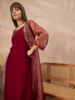 Maroon Pure Cotton Solid A-Line Kurta Trouser With Floral & Mirror Embroidered Shrug