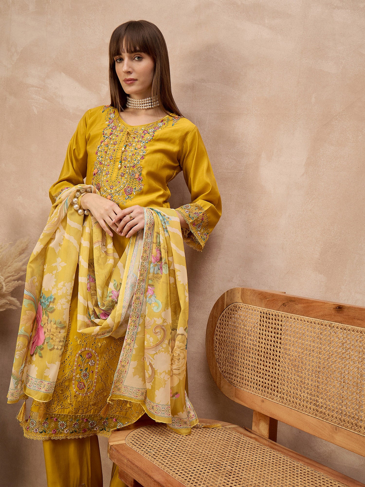 Gold Pure Cotton Beads & Stone Embroidered A-Line Kurta Trouser With Printed Dupatta