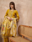 Gold Pure Cotton Beads & Stone Embroidered A-Line Kurta Trouser With Printed Dupatta