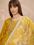 Gold Pure Cotton Beads & Stone Embroidered A-Line Kurta Trouser With Printed Dupatta
