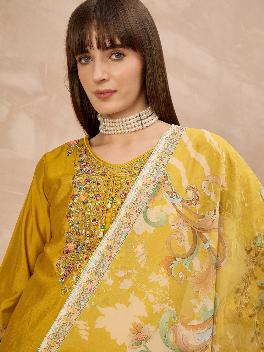 Gold Pure Cotton Beads & Stone Embroidered A-Line Kurta Trouser With Printed Dupatta