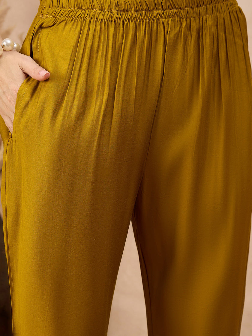 Mustard Pure Cotton Solid A-Line Kurta Trouser With Floral & Mirror Embroidered Shrug