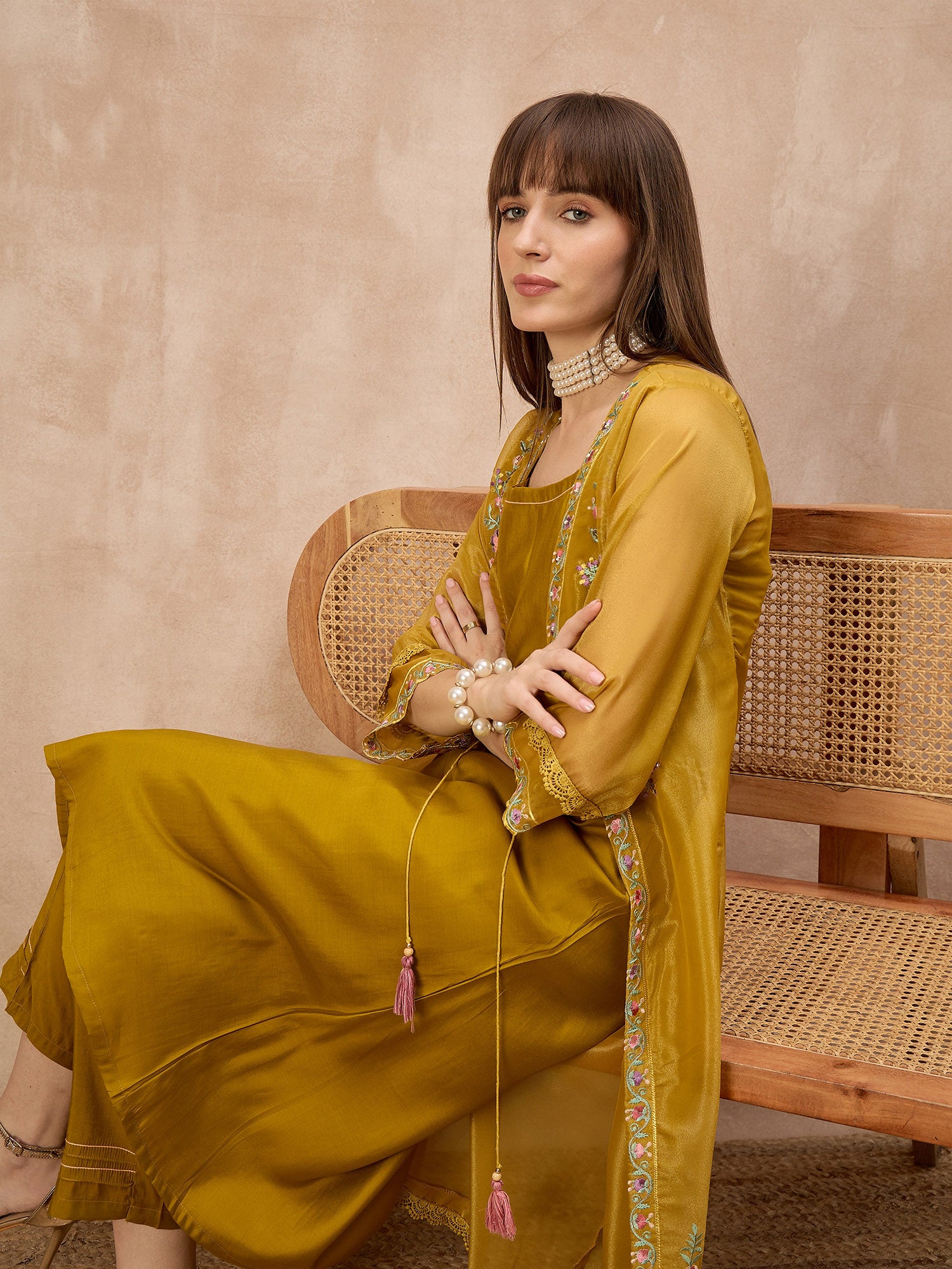 Mustard Pure Cotton Solid A-Line Kurta Trouser With Floral & Mirror Embroidered Shrug
