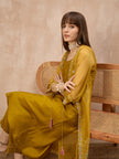 Mustard Pure Cotton Solid A-Line Kurta Trouser With Floral & Mirror Embroidered Shrug
