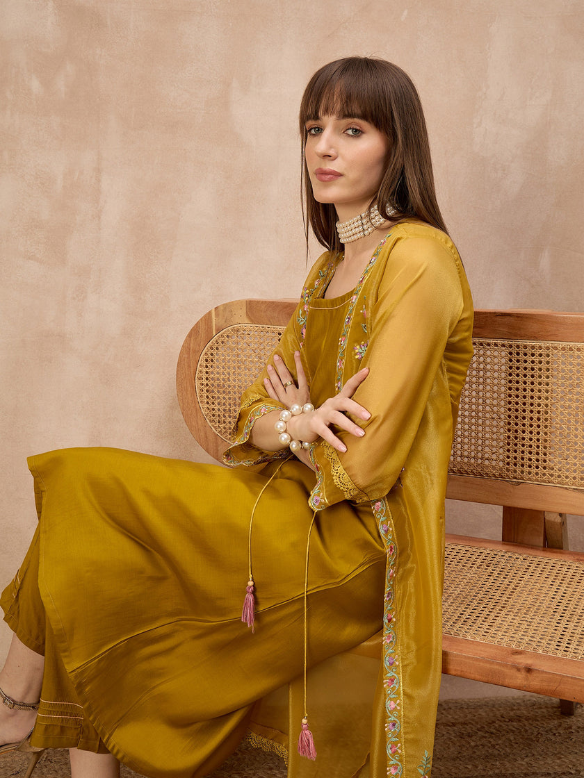 Mustard Pure Cotton Solid A-Line Kurta Trouser With Floral & Mirror Embroidered Shrug