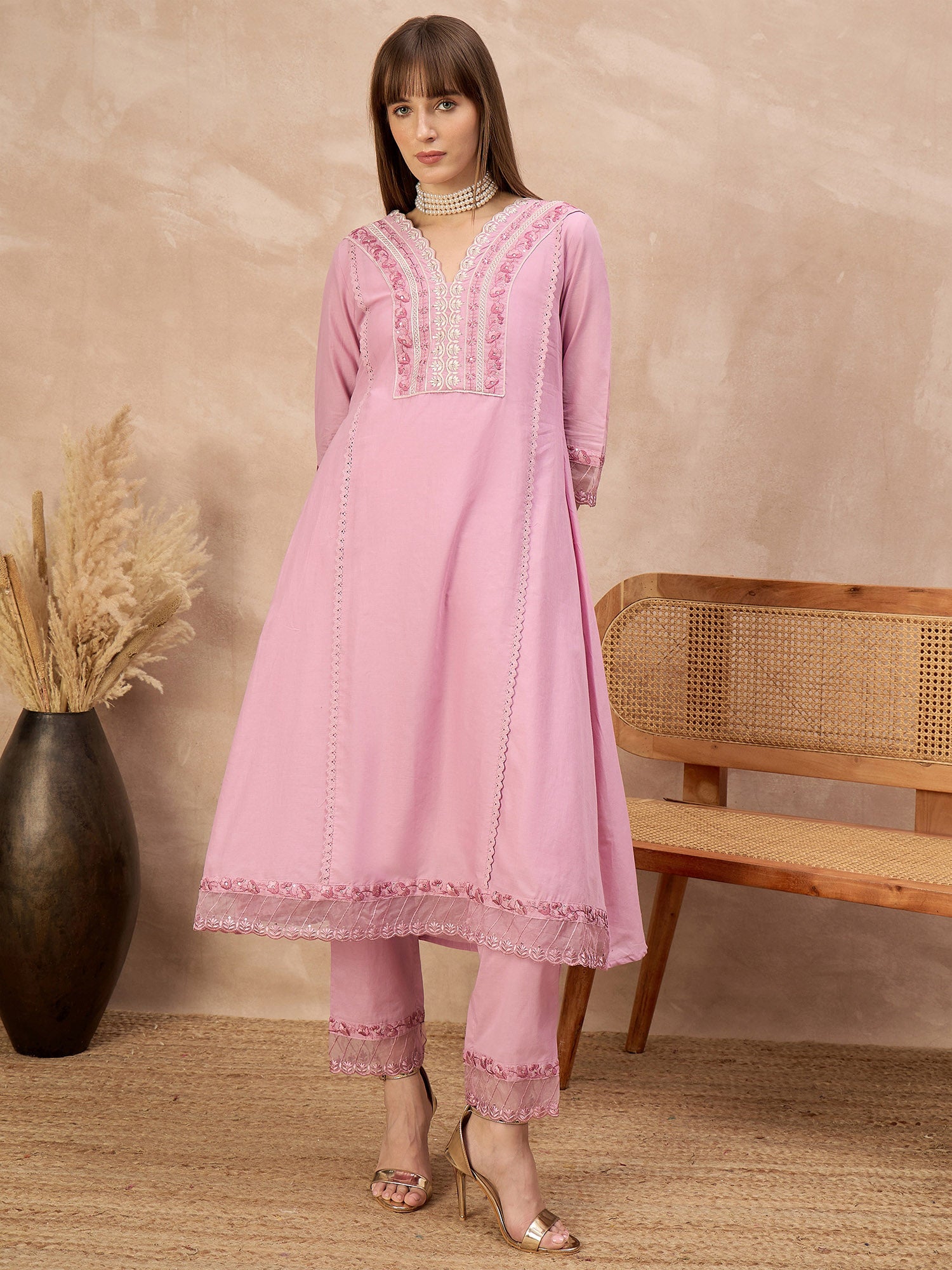 Pink Cotton Blend Embroideried A-Line Kurta Trouser With Dupatta